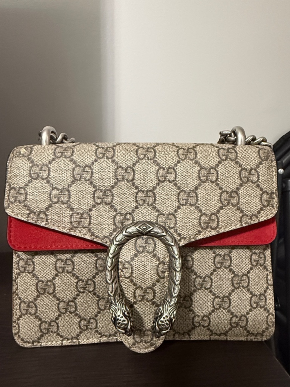 Gucci GG Supreme Crossbody Bag with Red Suede Trim